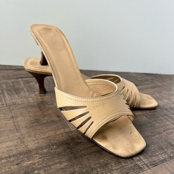 GUCCI TAN LEATHER KITTEN HIGH HEEL MULES SLIDE SANDALS SIZE 9 - Picture 1 of 7